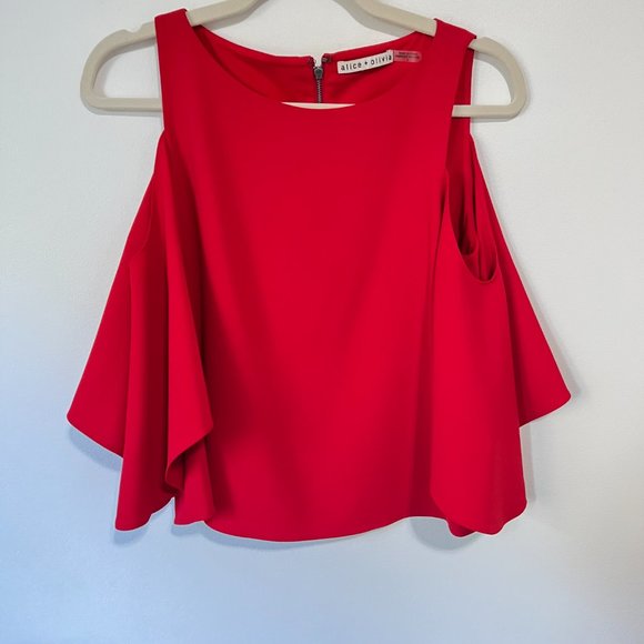 alice + olivia Coralee Blouse, Cold-Shouldered Flutter Sleeve size 2 Deep Ruby - Picture 1 of 8